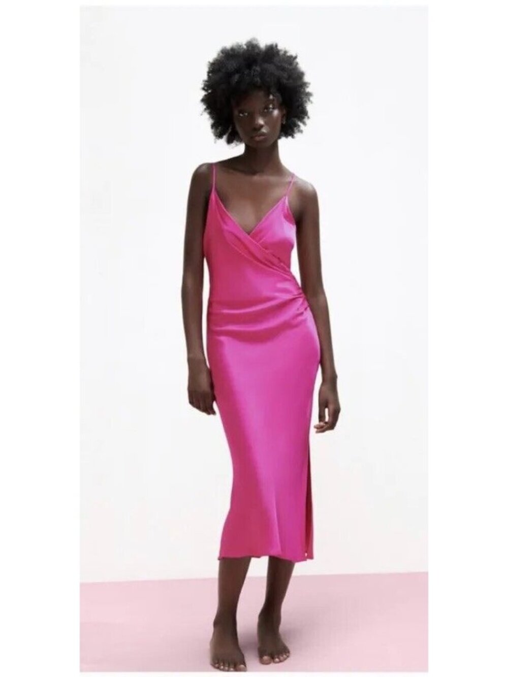 Zara Women Satin Draped Camisole Spaghetti Strap Pink Slip Midi Dress Size Large